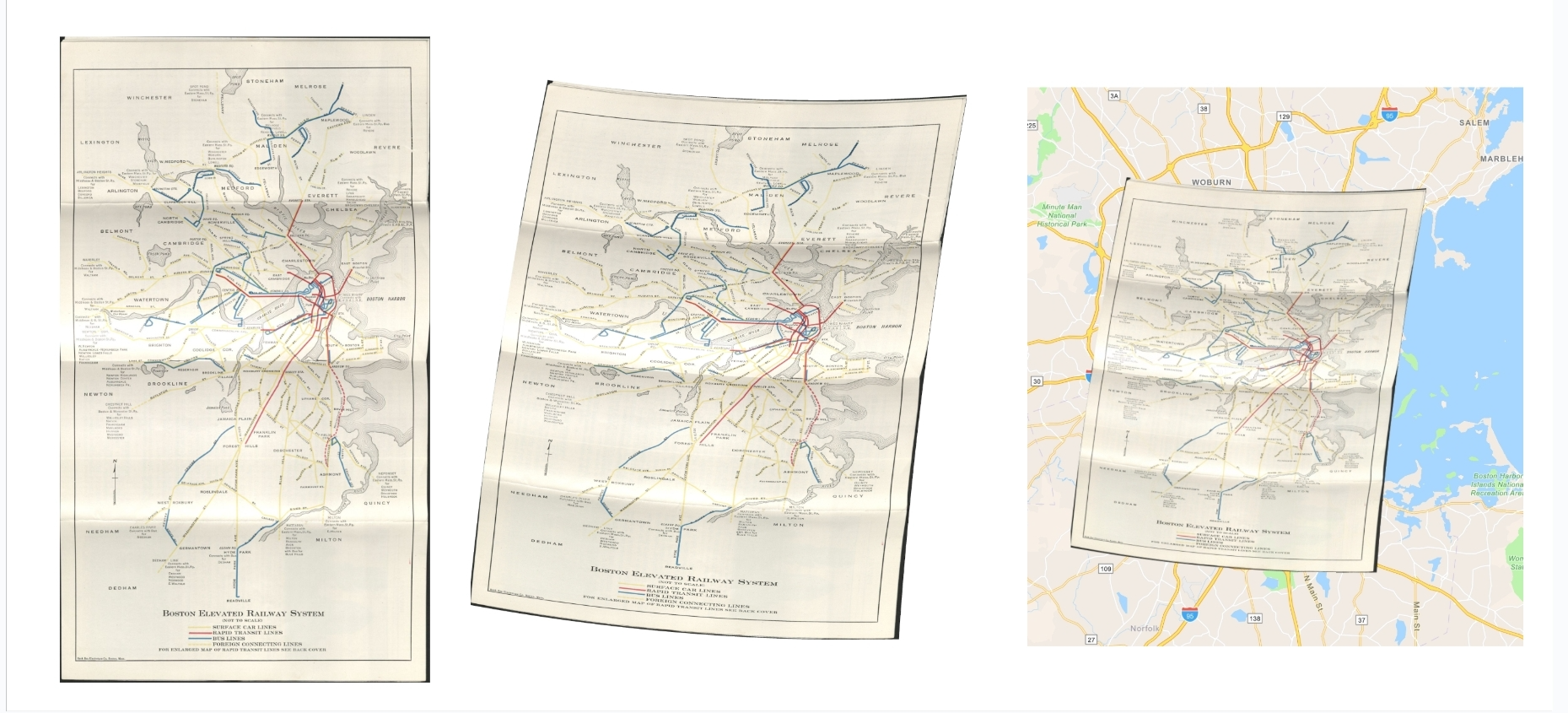 Three images showing how map warper can turn a map into one that can be placed on top of a GPS map